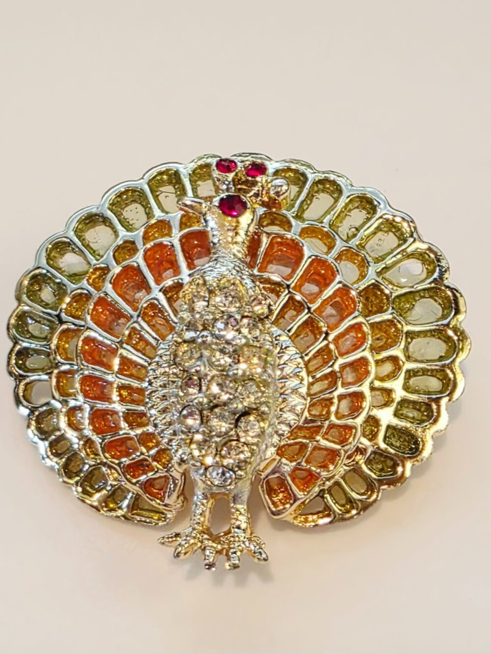 RARE CORO Pegasus Peacock Brooch Window Pane MCM Gold Pin Rhinestone Accent
